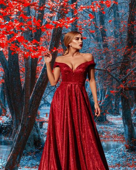 Rotes Pailletten-V-Ausschnitt, langes, schulterfreies Abendkleid | Günstige Ballkleider_3