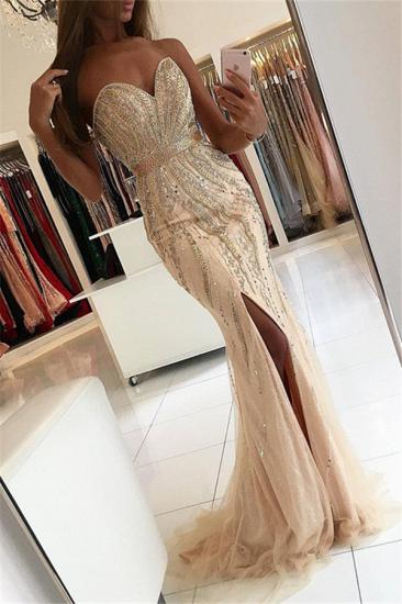 Latest Sweetheart Mermaid Sexy Evening Gowns Side Slit Crystal Mermaid Prom Dress_2