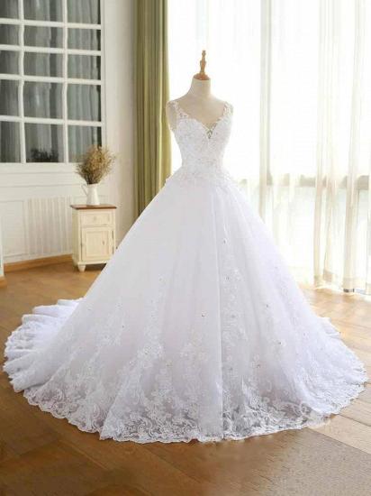 Luxury Lace Beaded Wedding Dresses V Neck Straps Long Ball Gown Wedding Party Bridal Dress_3
