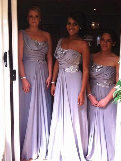 One-Shoulder-Lavendel Chiffon lange Brautjungfernkleider Pailletten Rüschen bodenlangen Günstige Hochzeitskleid_1