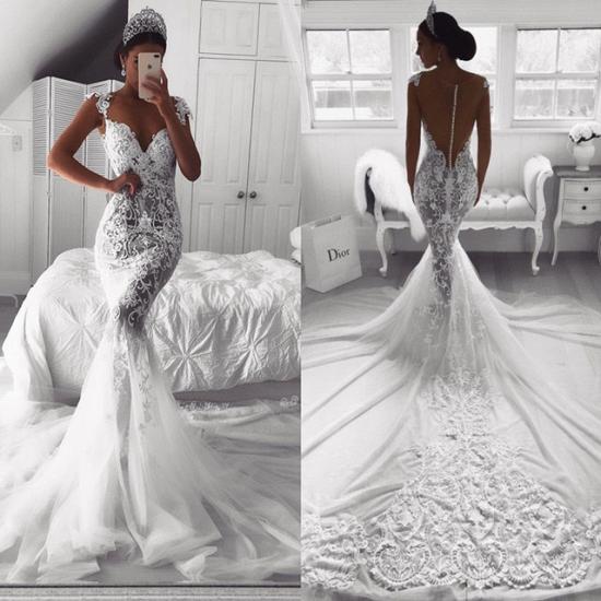 Charming Lace Mermaid Wedding Dress Long Zipper Button Back Bridal Gowns_4