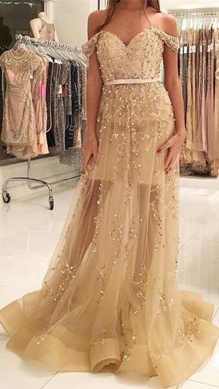 Champagne Gold Beads Sequins Prom Dress Off The Shoulder 2022 Illusion Evening Gown_1