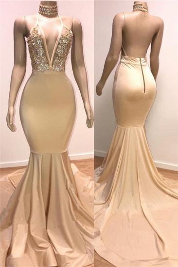 Cheap Backless Champagne Prom Dresses | Crystals Appliques Mermaid Sexy Formal Evening Gowns_1