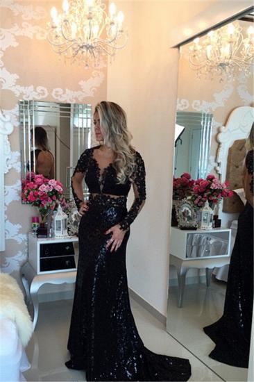 Black Long Sleeve Sequined Lace Evening Dress Popular Open Back Sweep Train Special Occasion Dresses_2