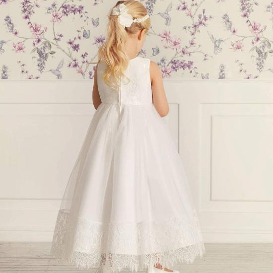 Simple Lace Tulle Long Flower Girl Dresses | White High neck  Little Girls Pageant Dresses_2