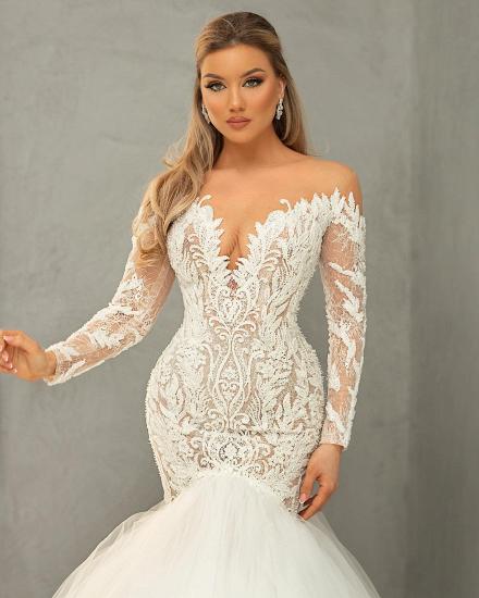 Gorgeous Long Sleeves Slim Mermaid Bridal Gown Tulle Lace Appliques_3