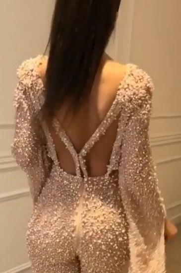 New Arrival Two Pieces Long Sleeves Crystals Crew Floor-Length Open Back Prom Dresses_3
