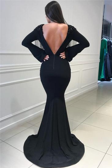 Deep Sexy V-neck Open Back Black Prom Dresses | Fit and Flare Elegant Long Sleeve Beads Tassels Evening Gown_3