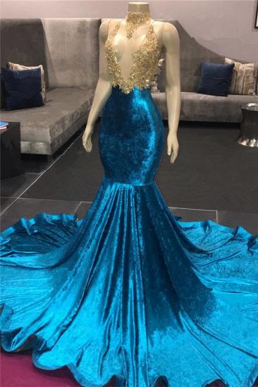 Gold Beads Appliques Cheap Prom Dresses | Sleeveless Mermaid Sexy Blue Velvet Evening Gowns