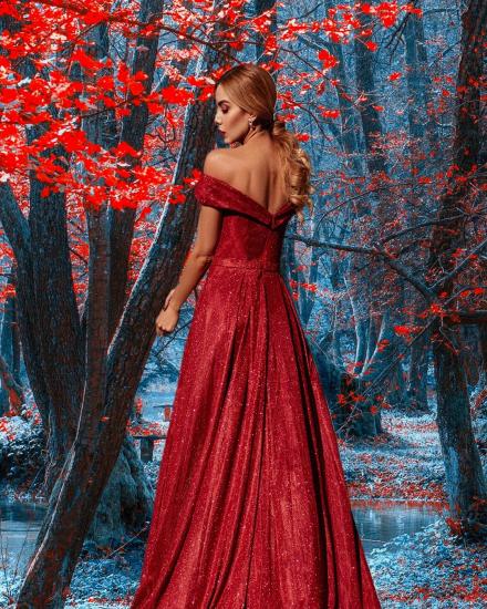 Red Sequin V-Neck Long Card-Shoulder Evening Dress | Cheap Prom Dresses_2