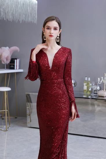 Elegant Sparkle Sequined Burgundy Long sleeve V-neck Mermaid Long Prom Dress_16