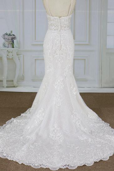 Elegante Spaghetti-Träger Ärmelloses Meerjungfrau-Hochzeitskleid | Applikationen Spitze Weiße Brautkleider_3