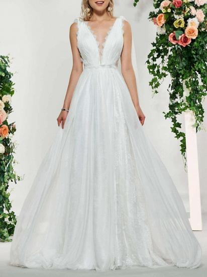 Sexy Backless A-Line V-neck Wedding Dress Lace Tulle Sleeveless Bridal Gowns with Sweep Train_1