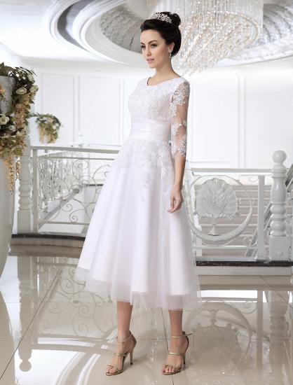 Half Sleeves Jewel Tulle Lace Knee-Length Ruffles Wedding Dresses_3