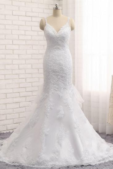 TsClothzone Elegante weiße Meerjungfrau-Hochzeitskleider mit V-Ausschnitt, ärmellose Spitzen-Brautkleider mit Applikationen im Angebot_2