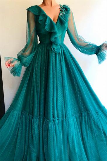Stilvolle langen Ärmeln V-Ausschnitt Abendkleid | Erschwingliche Perlen grün langes Abendkleid_1
