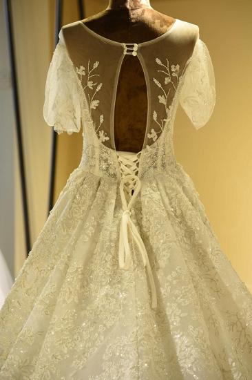Gorgeous Short Sleeve Lace Tulle Princess Ivory Wedding Dress Online_6