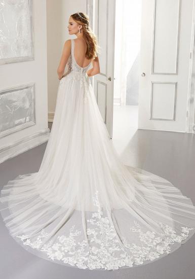 White V-Neck Backless Wedding Dress Tulle Lace Appliques Bridal Gowns_2