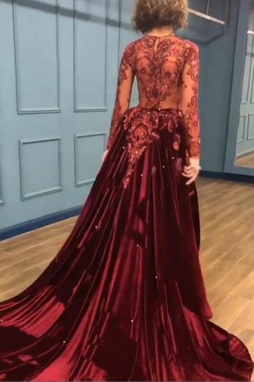 Sparkly Beading Burgundy Long Sleeves Prom Dresses with Appliques_1