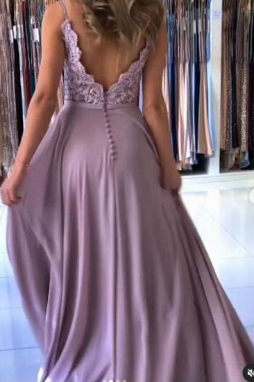 Fine shoulder belt split front A-line flower lace long Prom Dress_3
