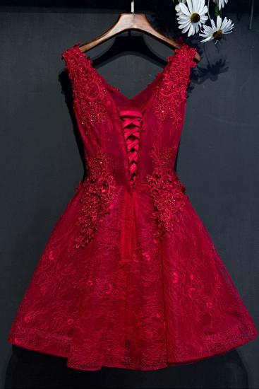 Rote V-Ausschnitt Spitze kurze Heimkehr Kleider | Ärmelloses Hoco-Kleid mit Schnürapplikationen_3