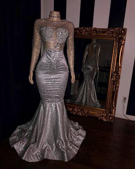 Elegant Appliques Sheer Tulle Prom Dresses | Sliver Long Sleeves Mermaid Evening Gowns_2
