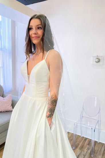 Sexy A-Line Spaghetti Strap Sweetheart Satin Backless Wedding Dress | Wedding Dress with Pockets_4