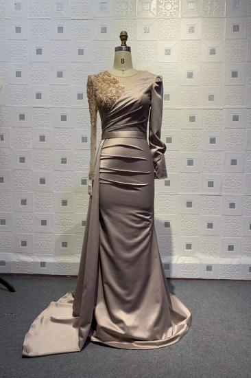 Luxe Glamorous Silver Fitted Satin Evening Dress | Long Sleeve Crystal Gold Applique Party Dress