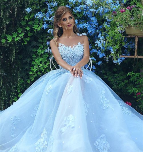Elegant A-line Baby Blue Sheer Tulle Prom Dresses 2022 Appliques Sleeveless Evening Gowns_4