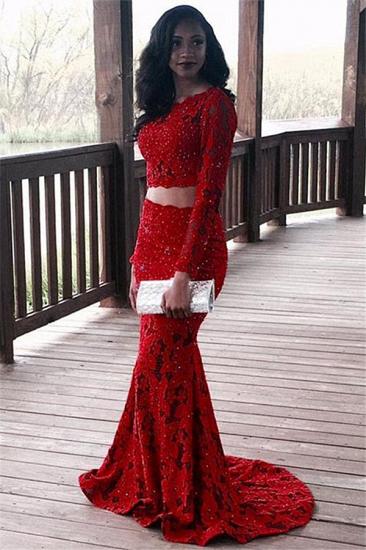 Two Piece Lace Sexy Prom Dresses 2022 | Red Long Sleeve Beads Sequins Evening Gown_2