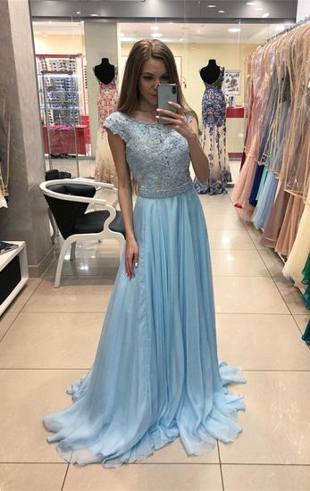 Elegant Blue Chiffon Evening Dress 2022 | Lace Cap-Sleeve Long Formal Dress