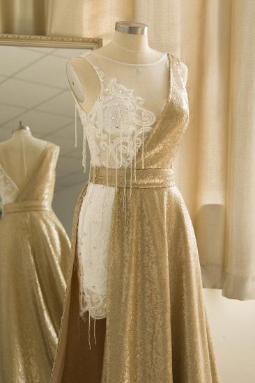 Sparkle Gold One shoulder Lace Sequined Prom Dress with Belt_6