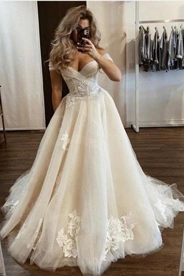 Off Shoulder Tulle Lace Appliques Wedding Dress with Chapel Train_1
