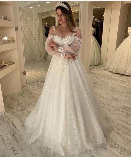 Spaghetti Straps Floral Appliques A-line Wedding Dresses | Tulle Long Sleeve Pleated Bridal Gowns_2