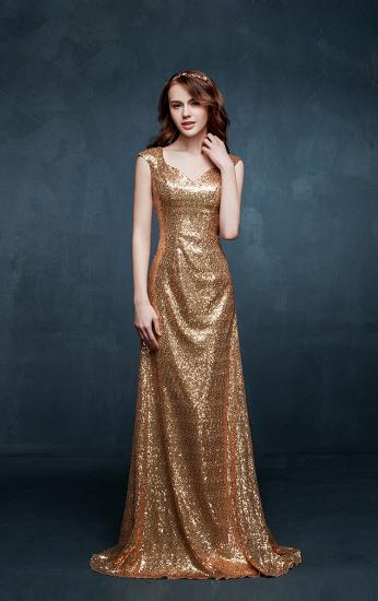Elegant Gold Sequined Long Prom Dresses Sheer Back Applique Popular Floor Length Custom Made Dresses for Women_1