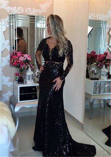 Black Long Sleeve Sequined Lace Evening Dress Popular Open Back Sweep Train Special Occasion Dresses_3