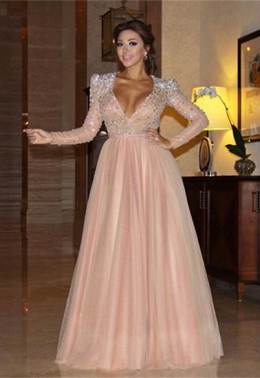 A-line Plunging Neckline Crystal Prom Dress Long Sleeve Beading Floor Length Evening Gown