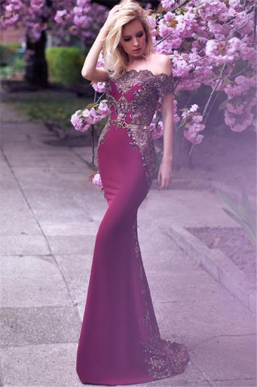 Off The Shoulder Formal Evening Dress Beads Appliques Mermaid Prom Dress with Gold Belt_2