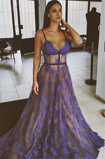 Sheer Grape Evening Dress Lace V-neck Prom Gowns with Spaghetti Straps
