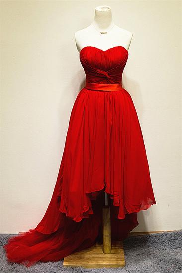 Chiffon Hi-lo Sweetheart Red Sexy Evening Dress Ruffle Unique Sweep Train Tiered Lace-up Dresses for Women