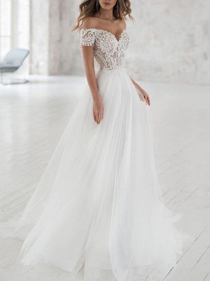 Beach  Boho A-Line Wedding Dress Off Shoulder Lace Tulle Short Sleeve Sexy See-Through Bridal Gowns with Sweep Train