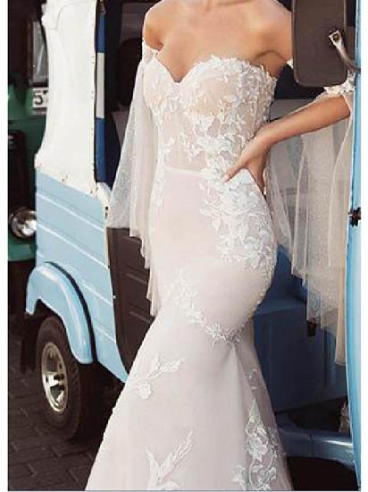 Country Plus Size Mermaid Wedding Dress Strapless Lace Tulle Long Sleeve Bridal Gowns with Sweep Train_3