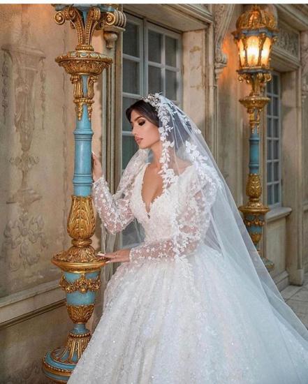 Glamorous V-Neck Long Sleeves A-line Princess Bridal Dress with Sweep Train_4