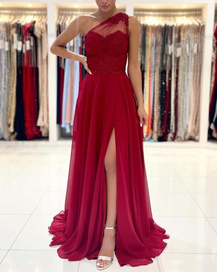 One-shoulder red ball gown with floor-length sleeveless dress and front slit_5