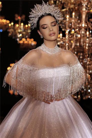 Sheer Tüll Sparkle Beads Pailletten Brautkleider 2022 | High Neck Ballkleid Royal Brautkleider mit Quasten_1