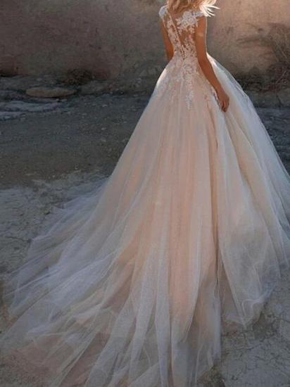 Sexy See-Through A-Line Wedding Dress Jewel Lace Tulle Sleeveless Bridal Gowns with Court Train_2