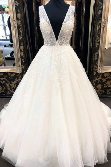 TsClothzone AffordableWhite Tulle V-Neck Long Wedding Dress A-Line Applqiues Bridal Gowns On Sale_1