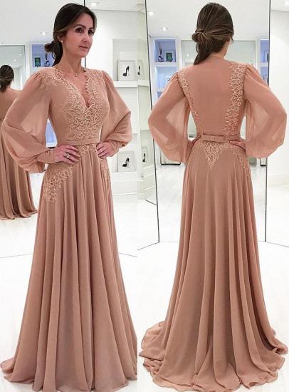 Elegant Champagne Puffy Sleeves Mother of the bride Dress | V-Neck Chiffon A-line Evening Gowns_1