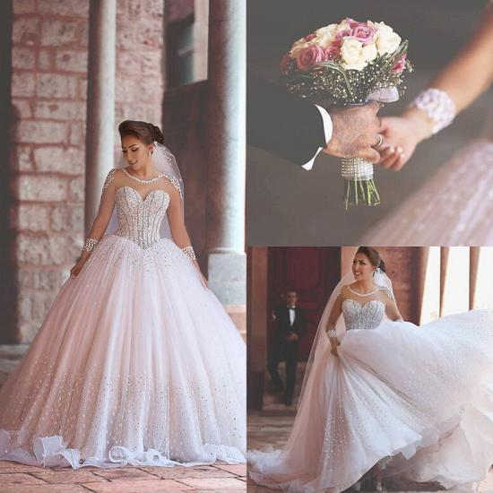 Luxuriöse, langärmlige, durchscheinende Tüll-Hochzeitskleider 2022 Perlen verzierte Ballkleid-Brautkleider_4
