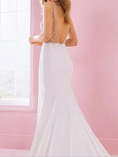 Elegant Mermaid Wedding Dress V-Neck Satin Straps Bridal Gowns with Court Train_2